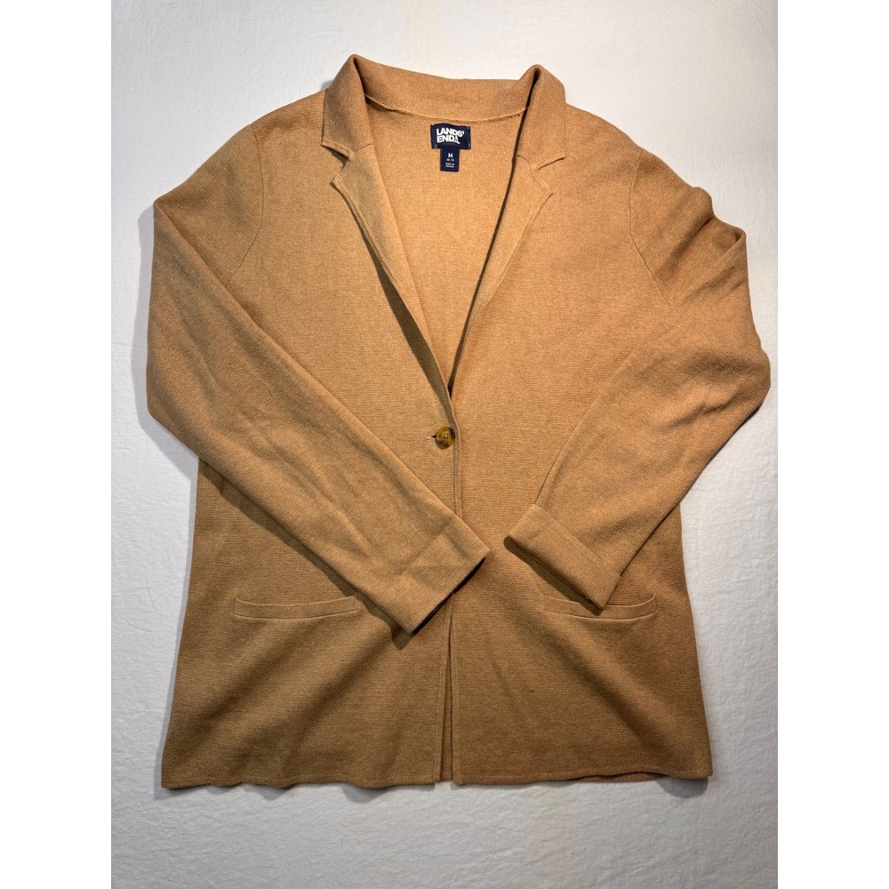 Lands End Womens Camel Tan Cotton Knit Blazer Cardigan Jacket M 10-12 533645